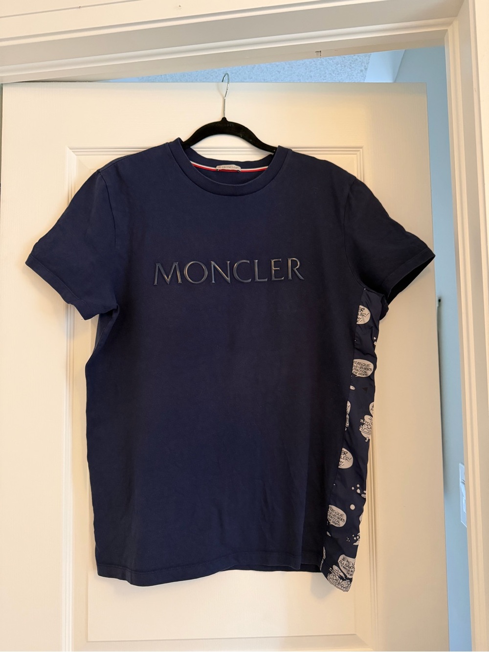 Moncler Navy Logo Tee with Patterned Side Panel